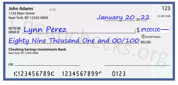 Eighty Nine Thousand One and 00/100 filled out on a check