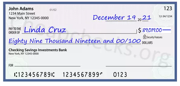 Eighty Nine Thousand Nineteen and 00/100 filled out on a check