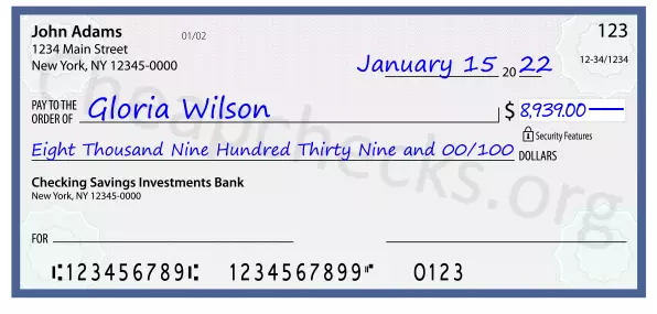 Eight Thousand Nine Hundred Thirty Nine and 00/100 filled out on a check