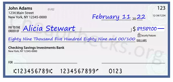 Eighty Nine Thousand Five Hundred Eighty Nine and 00/100 filled out on a check