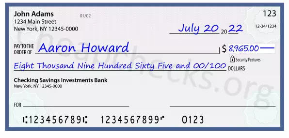 Eight Thousand Nine Hundred Sixty Five and 00/100 filled out on a check