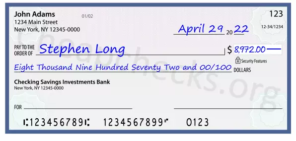 Eight Thousand Nine Hundred Seventy Two and 00/100 filled out on a check