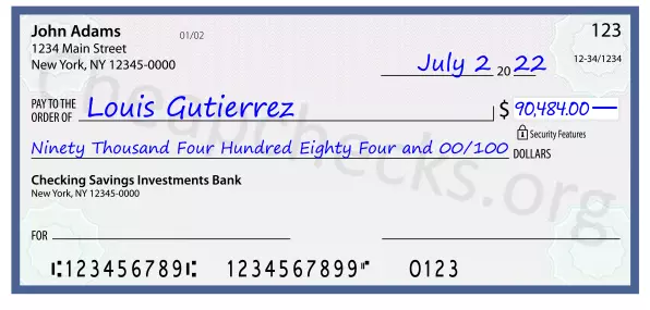 Ninety Thousand Four Hundred Eighty Four and 00/100 filled out on a check