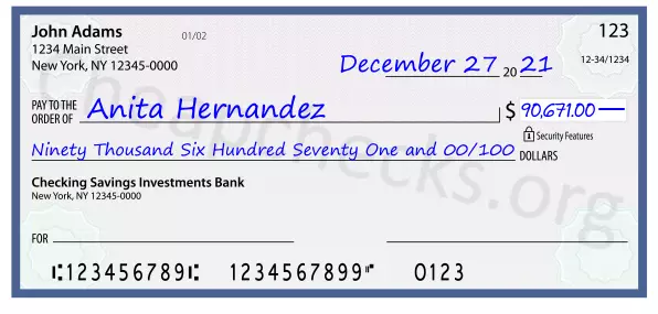 Ninety Thousand Six Hundred Seventy One and 00/100 filled out on a check