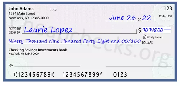 Ninety Thousand Nine Hundred Forty Eight and 00/100 filled out on a check