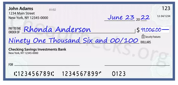 Ninety One Thousand Six and 00/100 filled out on a check