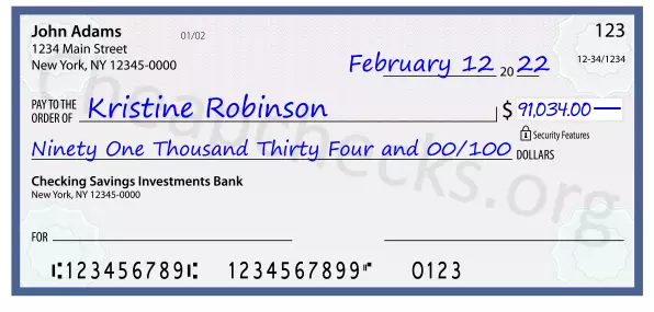 Ninety One Thousand Thirty Four and 00/100 filled out on a check