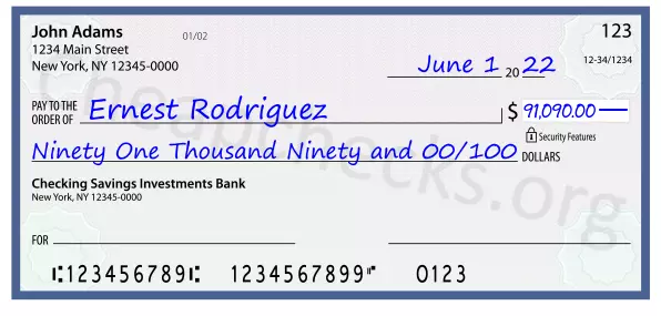 Ninety One Thousand Ninety and 00/100 filled out on a check