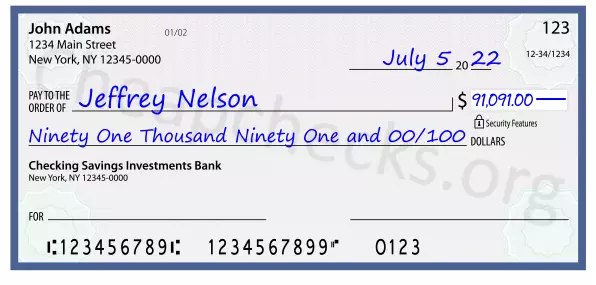 Ninety One Thousand Ninety One and 00/100 filled out on a check