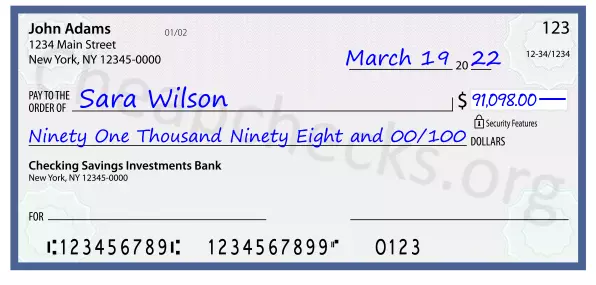 Ninety One Thousand Ninety Eight and 00/100 filled out on a check