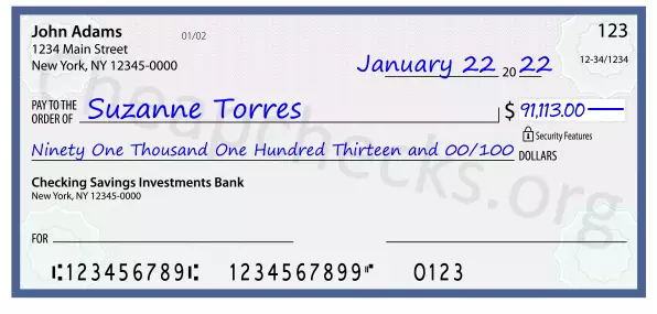 Ninety One Thousand One Hundred Thirteen and 00/100 filled out on a check