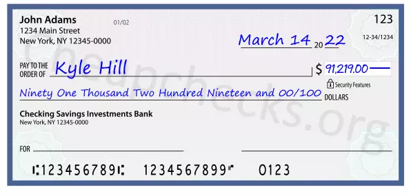 Ninety One Thousand Two Hundred Nineteen and 00/100 filled out on a check