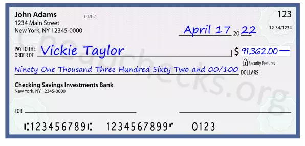 Ninety One Thousand Three Hundred Sixty Two and 00/100 filled out on a check