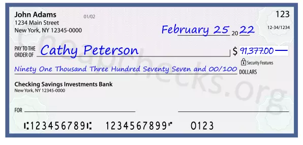 Ninety One Thousand Three Hundred Seventy Seven and 00/100 filled out on a check