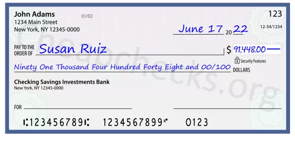 Ninety One Thousand Four Hundred Forty Eight and 00/100 filled out on a check