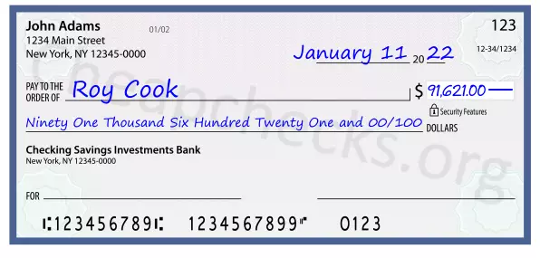 Ninety One Thousand Six Hundred Twenty One and 00/100 filled out on a check