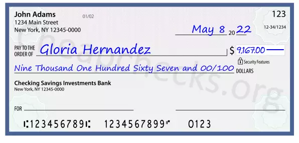 Nine Thousand One Hundred Sixty Seven and 00/100 filled out on a check