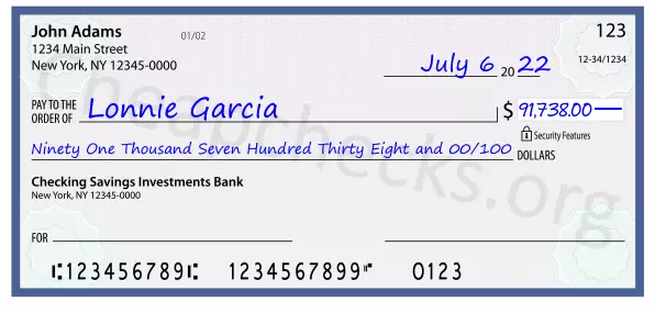 Ninety One Thousand Seven Hundred Thirty Eight and 00/100 filled out on a check