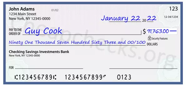 Ninety One Thousand Seven Hundred Sixty Three and 00/100 filled out on a check