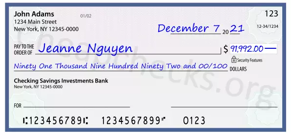 Ninety One Thousand Nine Hundred Ninety Two and 00/100 filled out on a check