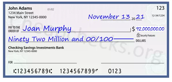 Ninety Two Million and 00/100 filled out on a check