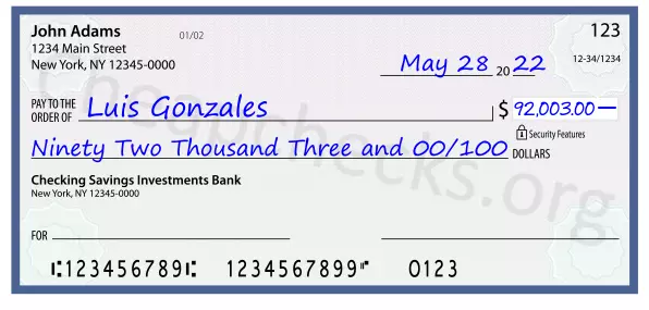 Ninety Two Thousand Three and 00/100 filled out on a check