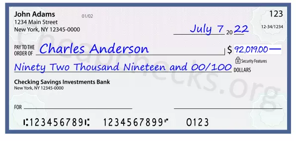 Ninety Two Thousand Nineteen and 00/100 filled out on a check