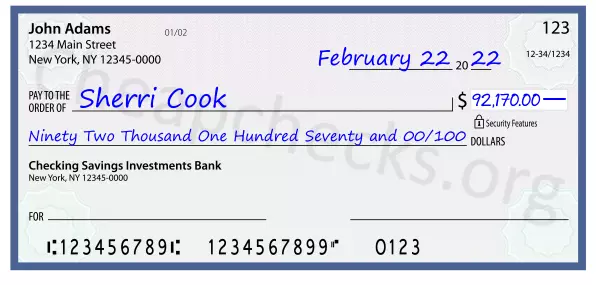 Ninety Two Thousand One Hundred Seventy and 00/100 filled out on a check