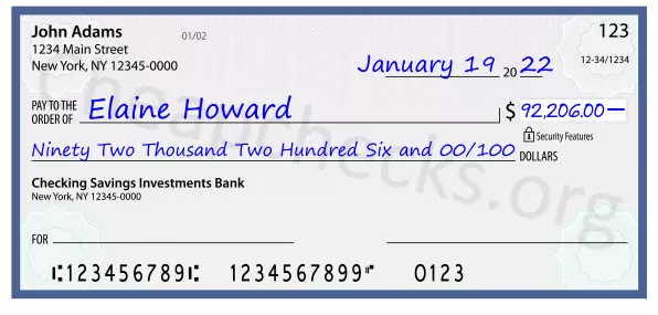 Ninety Two Thousand Two Hundred Six and 00/100 filled out on a check