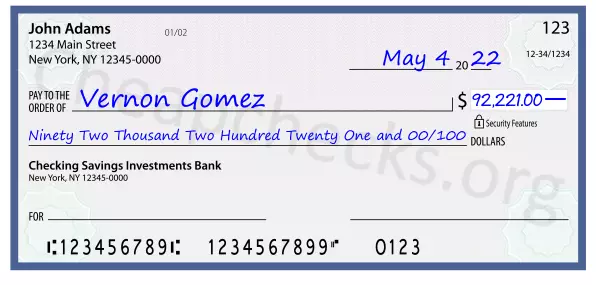 Ninety Two Thousand Two Hundred Twenty One and 00/100 filled out on a check