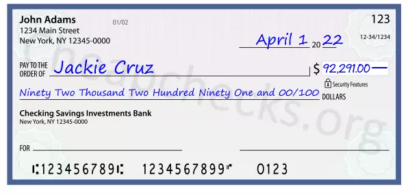 Ninety Two Thousand Two Hundred Ninety One and 00/100 filled out on a check