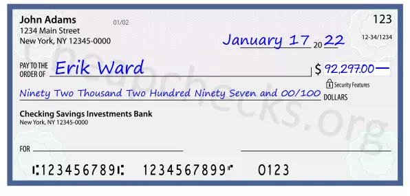 Ninety Two Thousand Two Hundred Ninety Seven and 00/100 filled out on a check