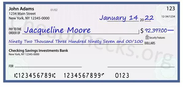 Ninety Two Thousand Three Hundred Ninety Seven and 00/100 filled out on a check