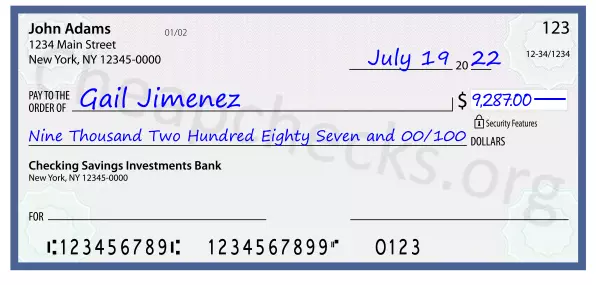 Nine Thousand Two Hundred Eighty Seven and 00/100 filled out on a check