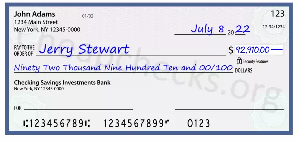 Ninety Two Thousand Nine Hundred Ten and 00/100 filled out on a check