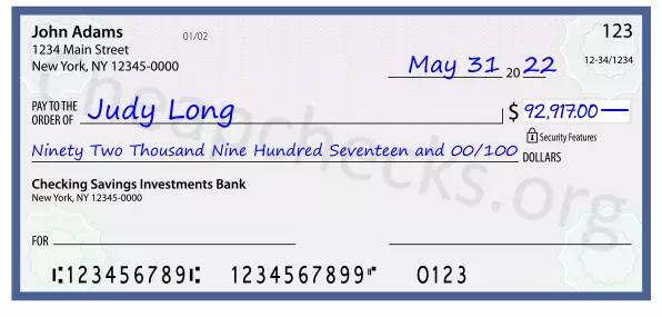 Ninety Two Thousand Nine Hundred Seventeen and 00/100 filled out on a check