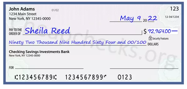 Ninety Two Thousand Nine Hundred Sixty Four and 00/100 filled out on a check