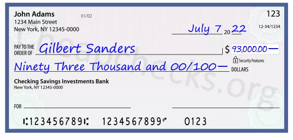 Ninety Three Thousand and 00/100 filled out on a check