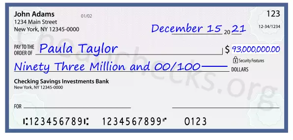 Ninety Three Million and 00/100 filled out on a check