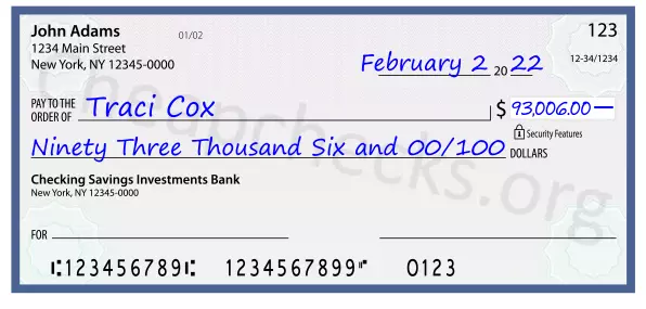 Ninety Three Thousand Six and 00/100 filled out on a check