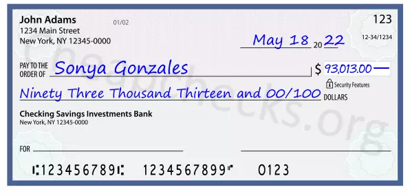 Ninety Three Thousand Thirteen and 00/100 filled out on a check