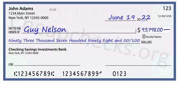 Ninety Three Thousand Seven Hundred Ninety Eight and 00/100 filled out on a check