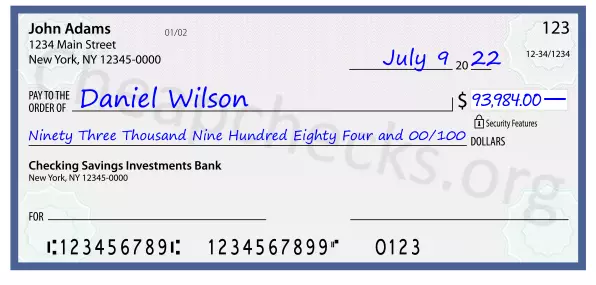 Ninety Three Thousand Nine Hundred Eighty Four and 00/100 filled out on a check