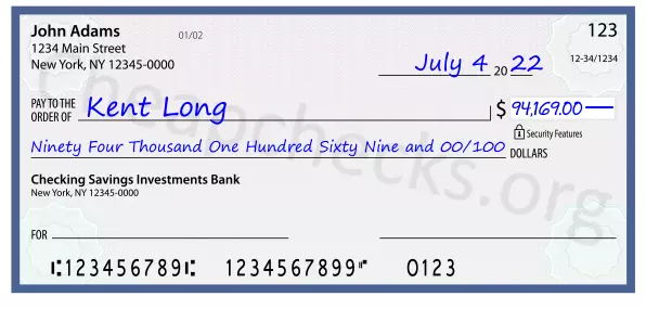 Ninety Four Thousand One Hundred Sixty Nine and 00/100 filled out on a check