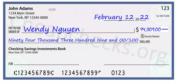 Ninety Four Thousand Three Hundred Nine and 00/100 filled out on a check