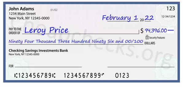 Ninety Four Thousand Three Hundred Ninety Six and 00/100 filled out on a check