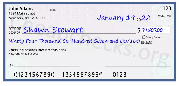 Ninety Four Thousand Six Hundred Seven and 00/100 filled out on a check