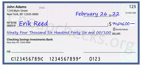 Ninety Four Thousand Six Hundred Forty Six and 00/100 filled out on a check