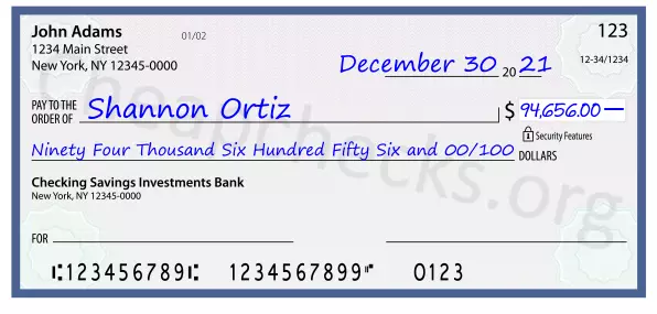 Ninety Four Thousand Six Hundred Fifty Six and 00/100 filled out on a check