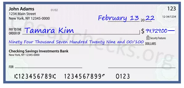 Ninety Four Thousand Seven Hundred Twenty Nine and 00/100 filled out on a check